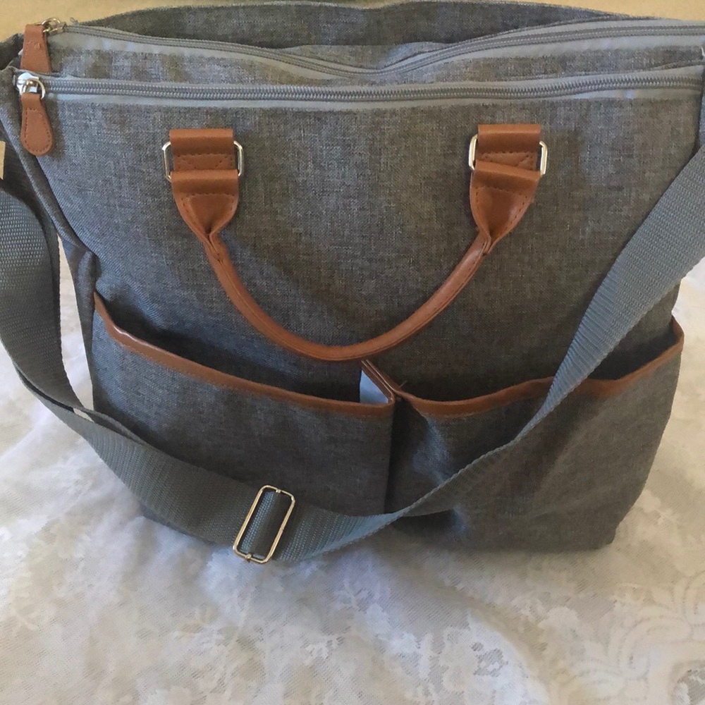 Gray and brown diaper bag